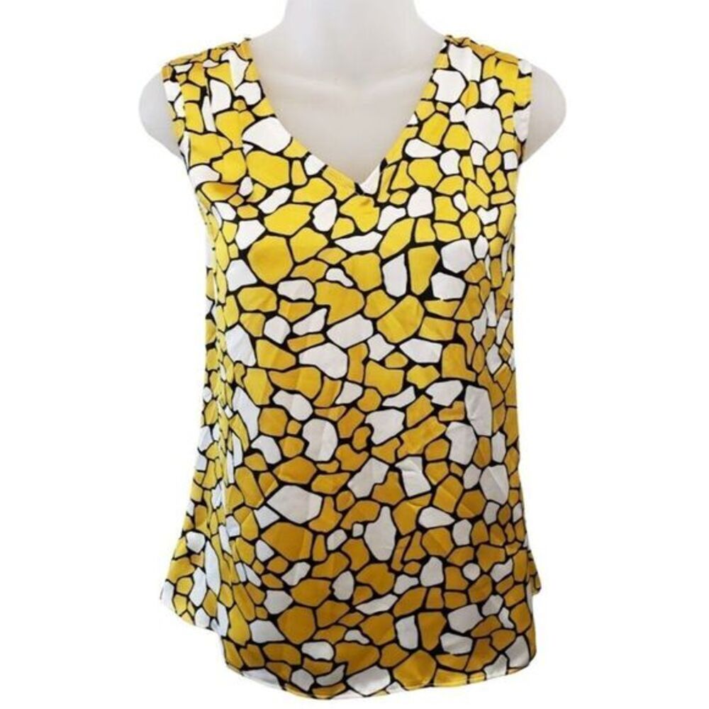 Kasper Sleeveless Satin Blouse Top Womens XS Yellow White Black Animal Print NEW